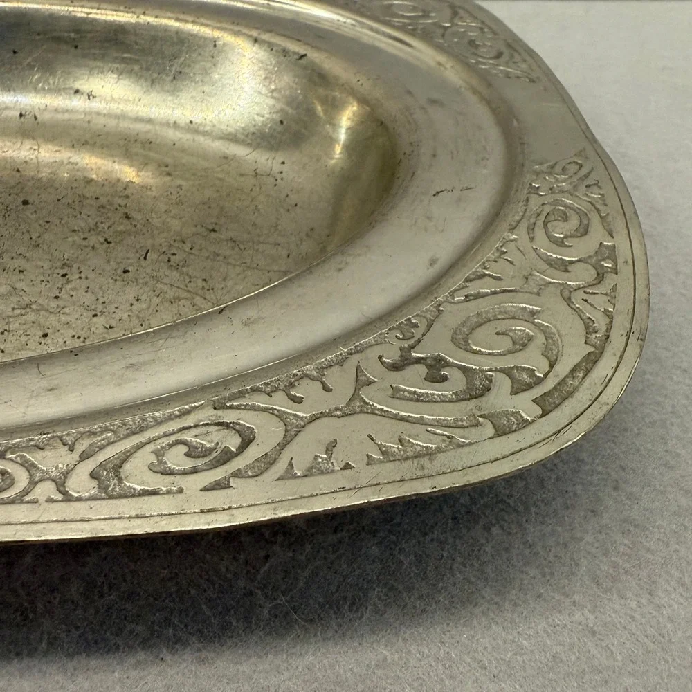 Mulholland Pewter Oval Dish 1907 K Scrollwork Border‎ Vintage Metalware Tray